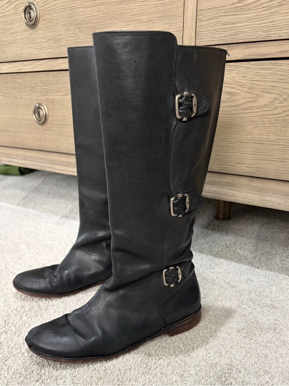Frye Paige Tall Leather Riding Boots, Women’s 8.5 Black 3 Buckle Boots